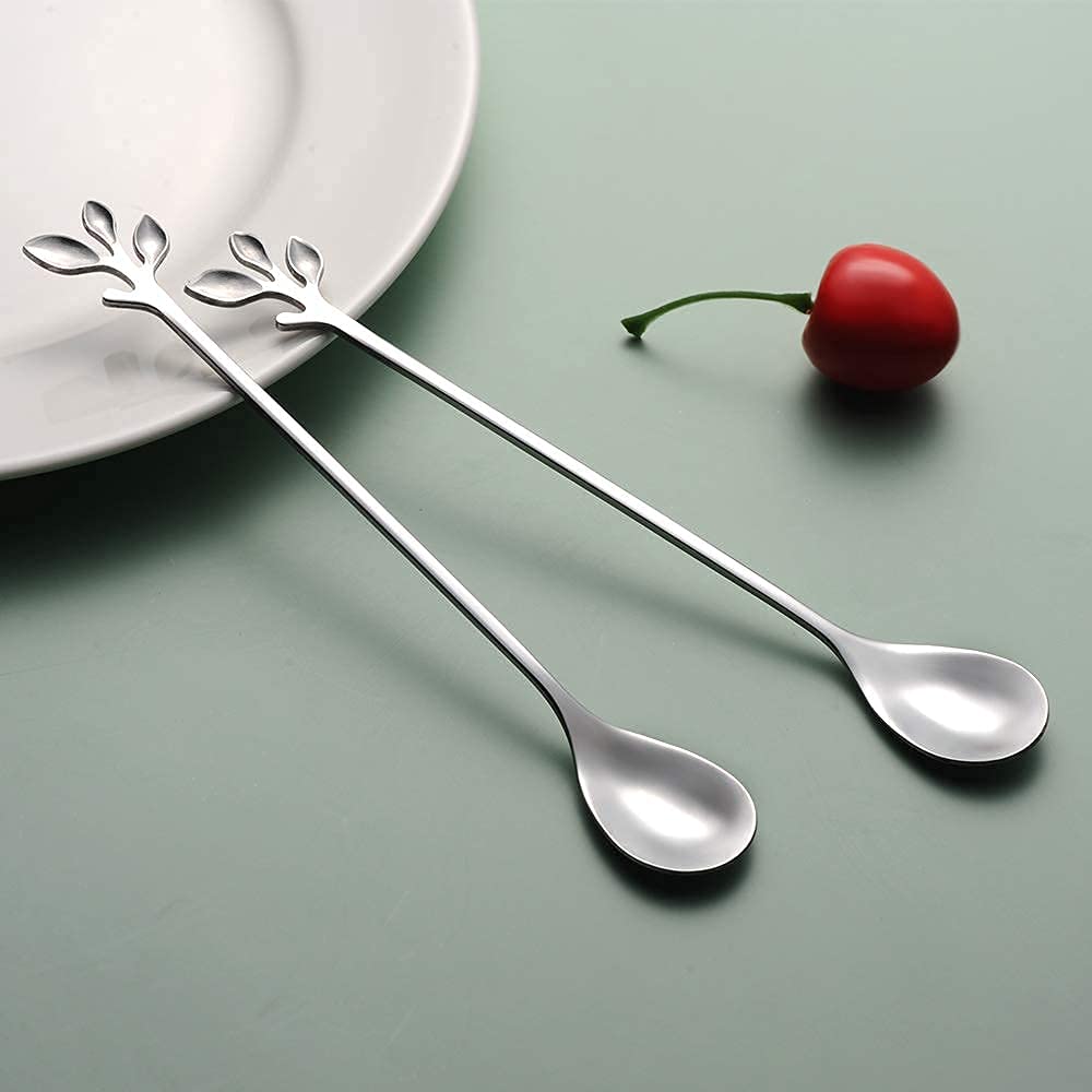 Ansaw 6.5 '' Elegant Leaf-Design Silver Coffee & Tea Spoons Set Of 6- Long Handle Stainless Steel Stirring Spoons For Espresso,