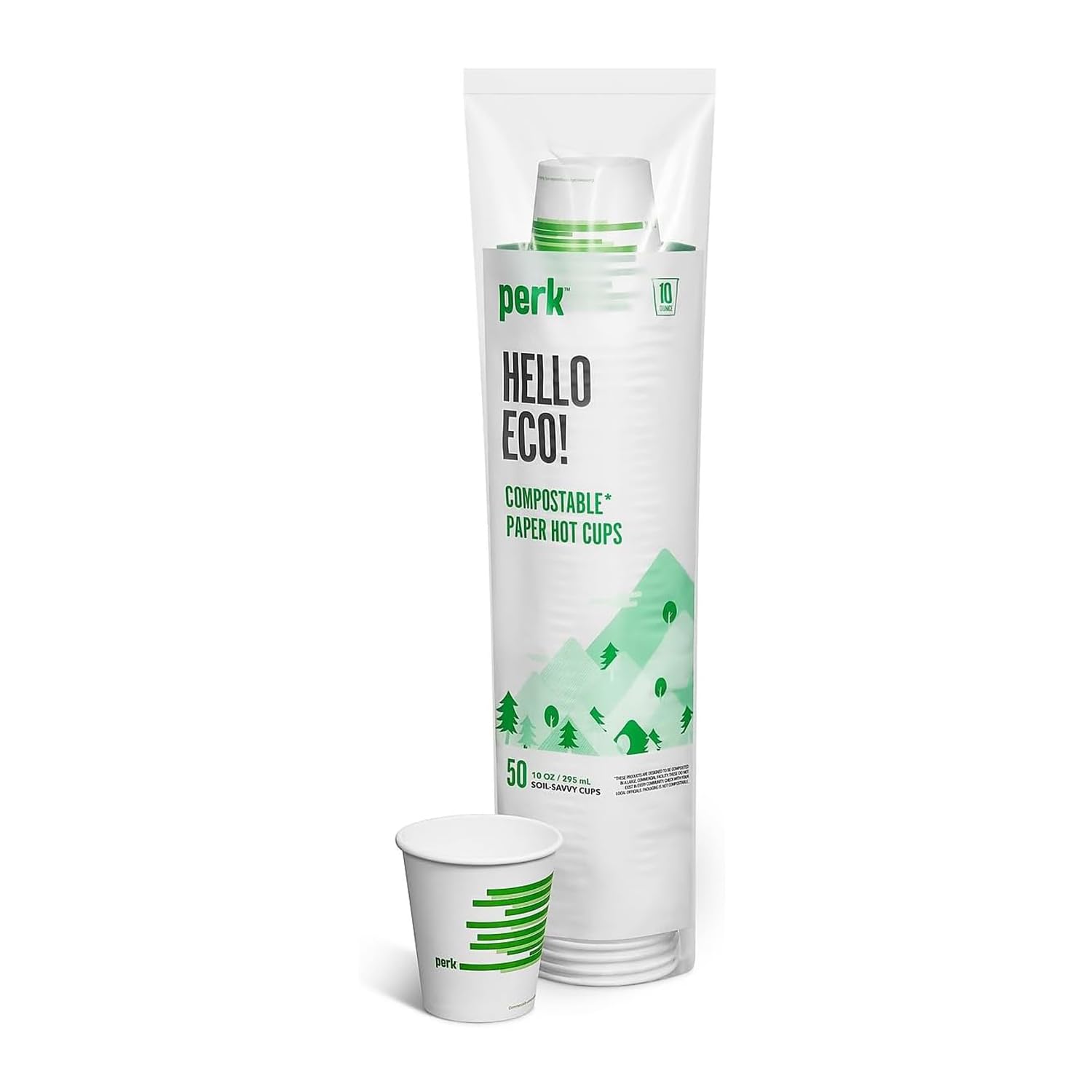 Perk Eco 10 Oz Compostable Paper Hot Cups, Disposable Coffee Cups for Hot Beverages, White/Green
