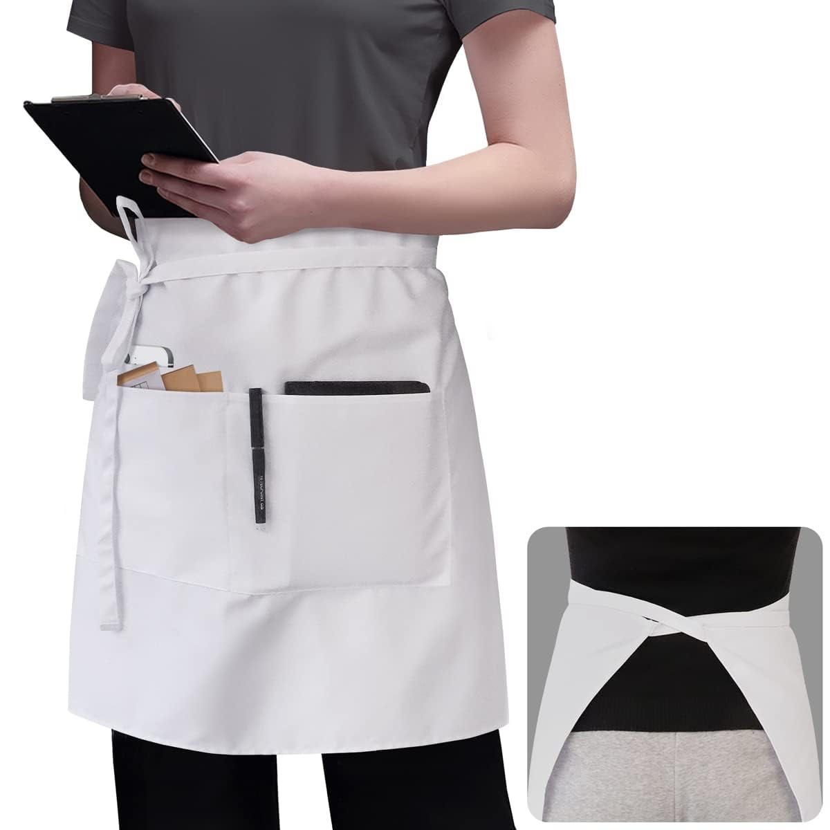ROTANET Server Apron with 3 Pockets 18 Inch Long Waiter Waitress Bistro Half Waist Aprons for Women Men Waterproof White