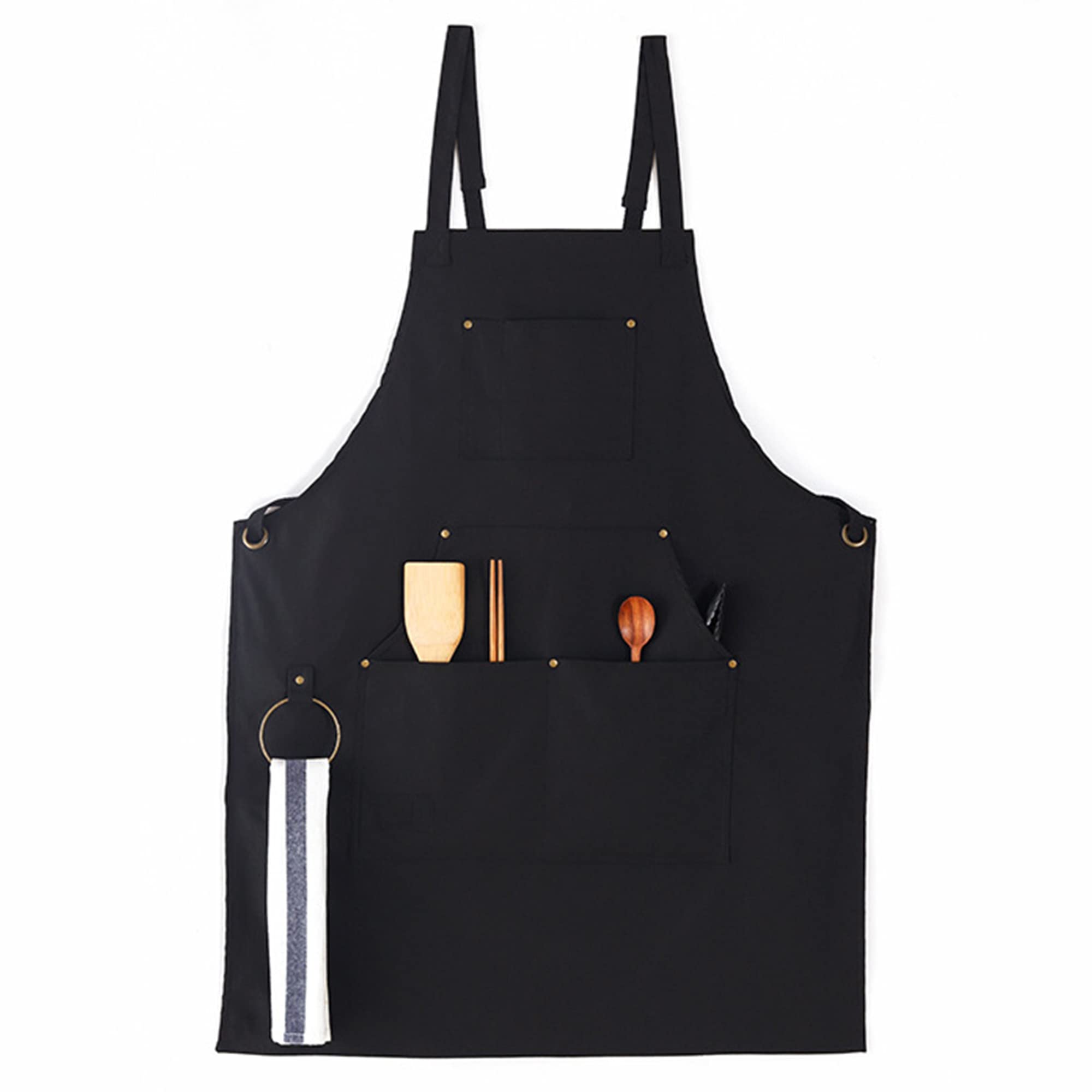 Muulaii Canvas Chef Apron, Cross Back Apron For Men Women With Adjustable Straps Metal Loop And Large Pockets, Black