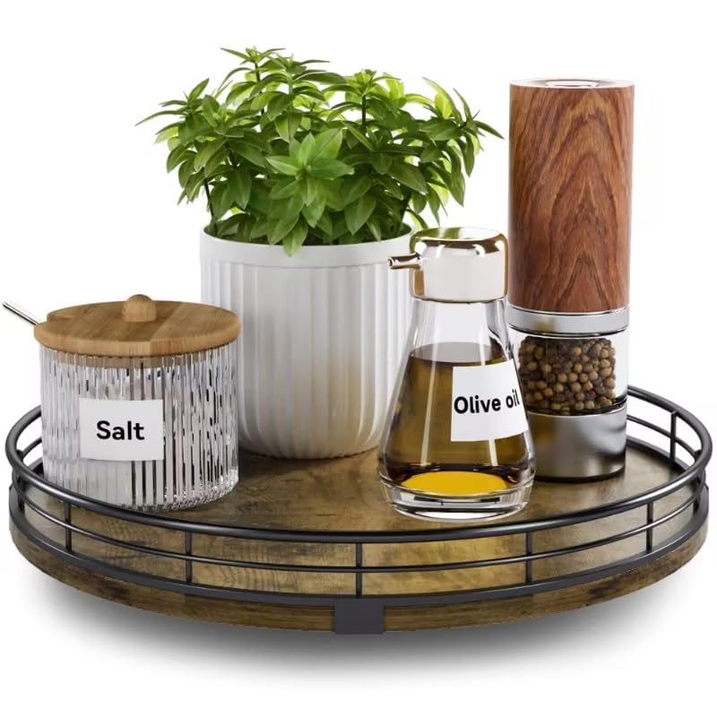 Lazy Susan Turntable Organizer for Table Top, 10 Round Wooden Lazy Susan for Cabinet Kitchen Countertop Pantry Dining Coffee Tab