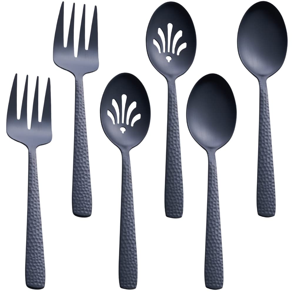 Fullyware Matte Black Serving Utensil Set, 9.5-Inch Stainless Steel Large Serving Spoon And Serving Fork, Satin Finish