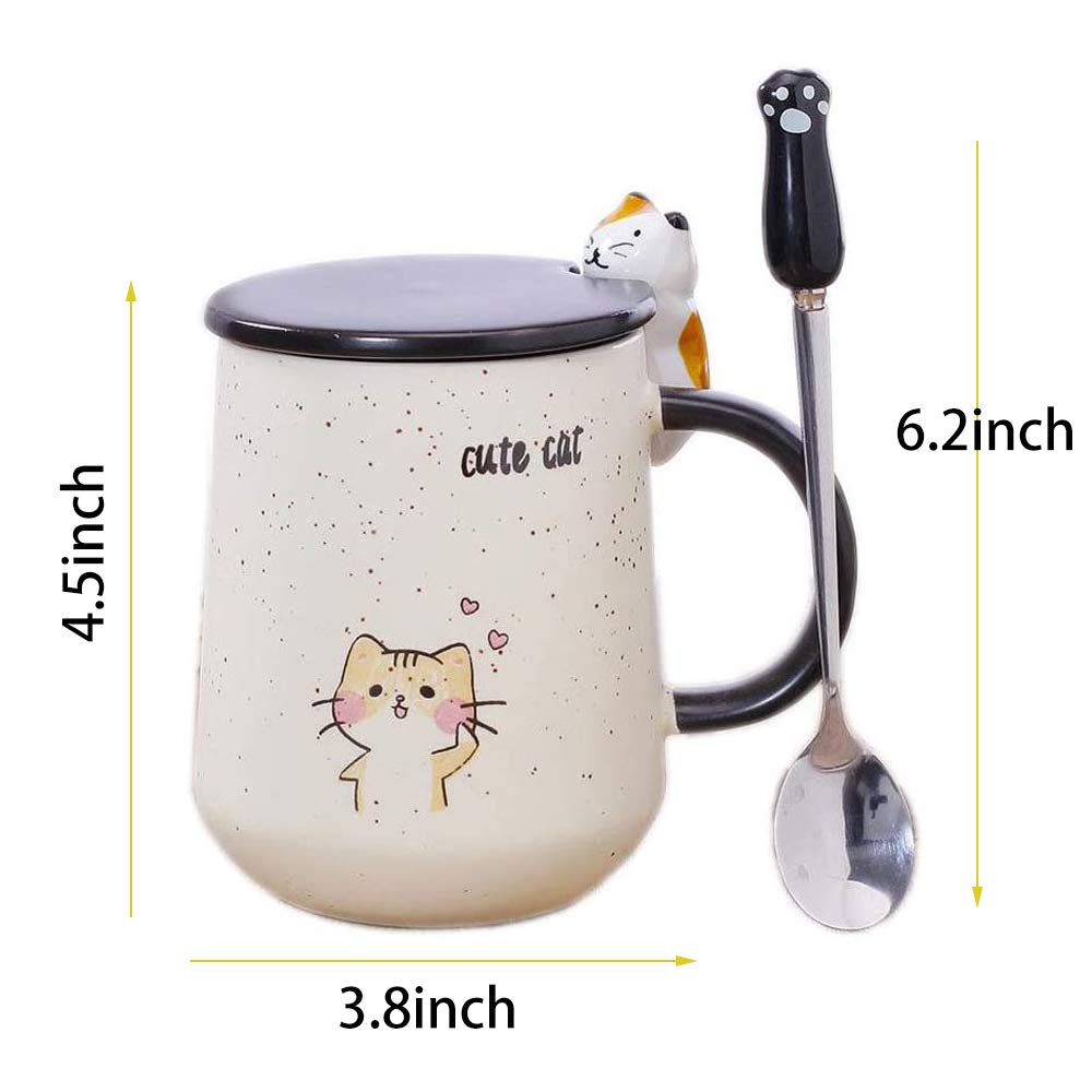Ceramic Coffee mug,Cute Cat Handmade Tea Cups, with Lid and Stainless Steel Spoon,Unique Hot chocolate Novelty mugs, Christmas,