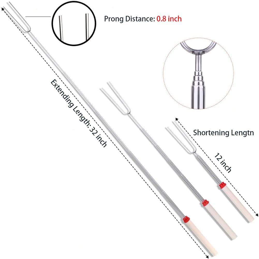 Marshmallow Roasting Sticks 8Pcs Extendable 32Inch Long Metal Barbecue Skewers For Grilling Set,Telescoping Smores Bbq Forks, Fi