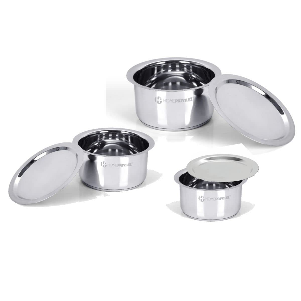 Homeprivilez Steel Heavy Induction Patila Set With Lid | Set Of 3 Pcs  Silver | Or | Kanak Masala Box/Spice Box/Storage/Organis