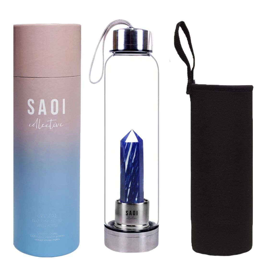 SAOI Crystal Water Bottle - Blue Quartz - Natural Wellness Healing - Glass/Stainless Steel
