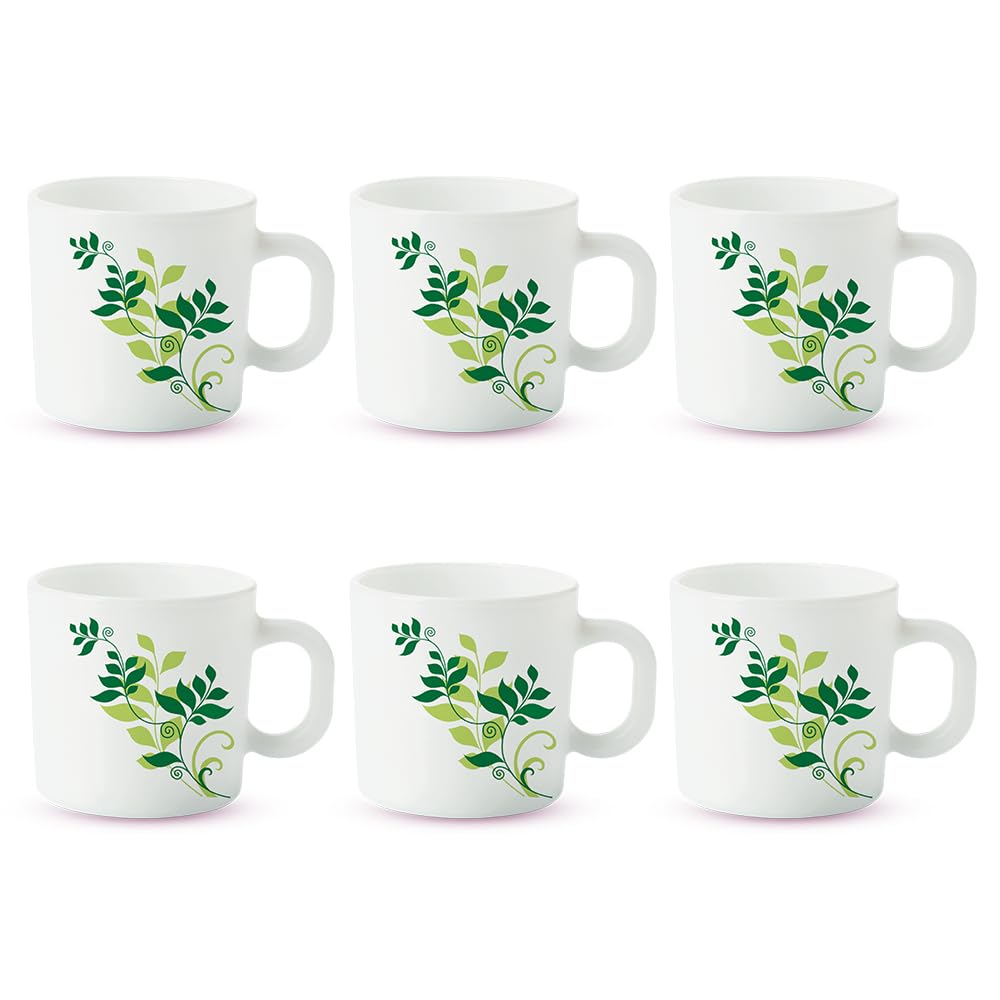Larah By Borosil Fern Opalware Mug | Set Of 6 Tea/Coffee Mugs, 100 Ml Each | Microwave & Dishwasher Safe | Bone-Ash Free | Crock