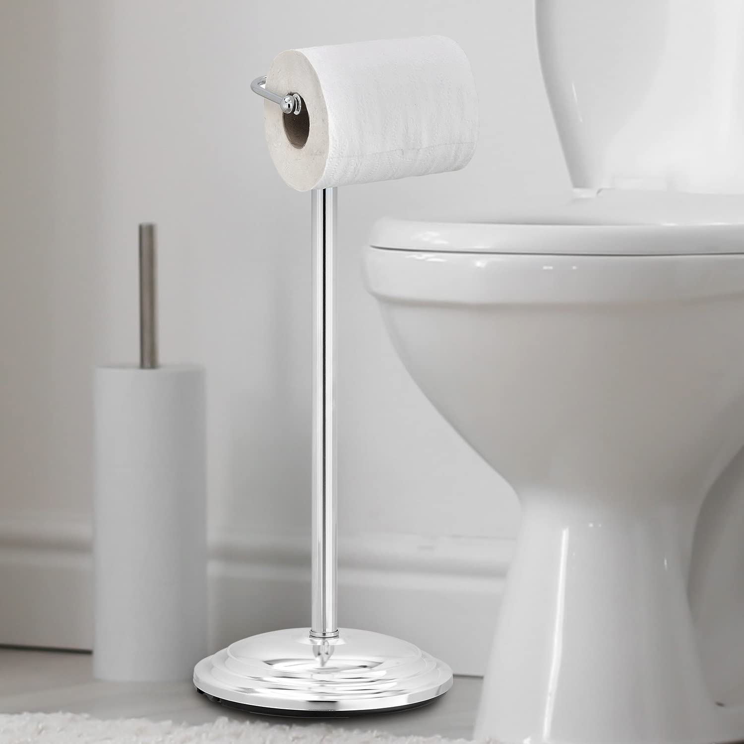 Mygift Silver Chrome-Plated Metal Heavy Weighted Free Standing Toilet Paper Holder, Classic Bathroom Single Roll Dispenser Stand