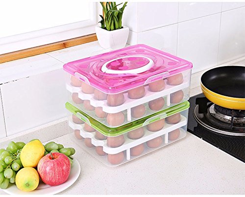 Styleys Double Layer Plastic 32 Grid Egg Storage Box For Refrigerator Kitchen With Lid (Pink_S11063, Square)