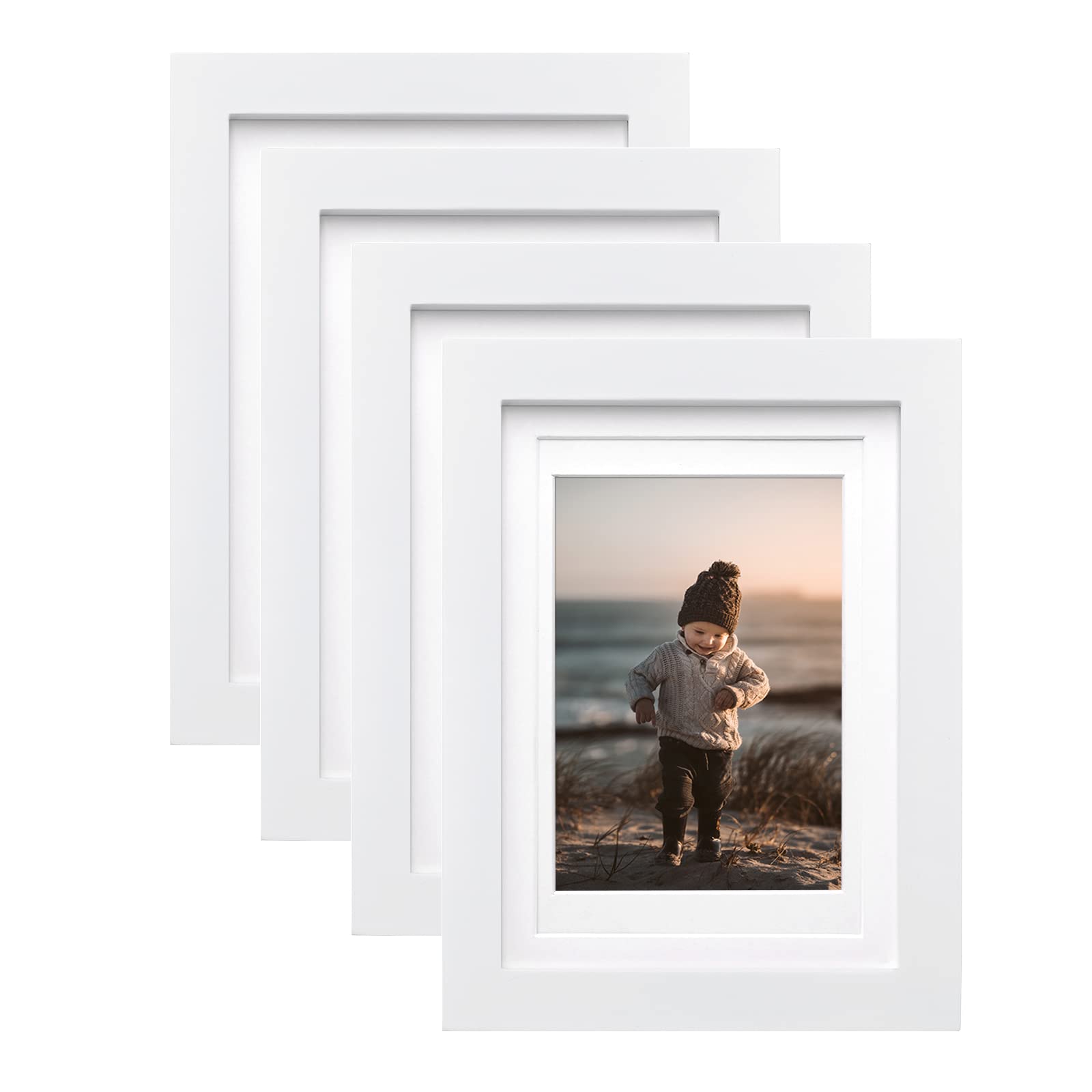 KINLINK 5x7 White Picture Frames,Wood Frames with Acrylic Plexiglass for Pictures 4x6 With Mat or 5x7 Without Mat,Tabletop and W