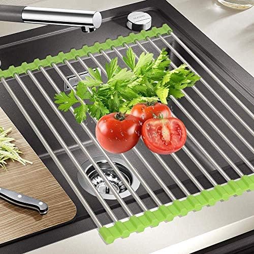 Bletilla Stainless Steel Foldable Rollup Kitchen Organiser, Utensils Dish Drying Rack Mat For Over Sink And FruitVegetable, Str