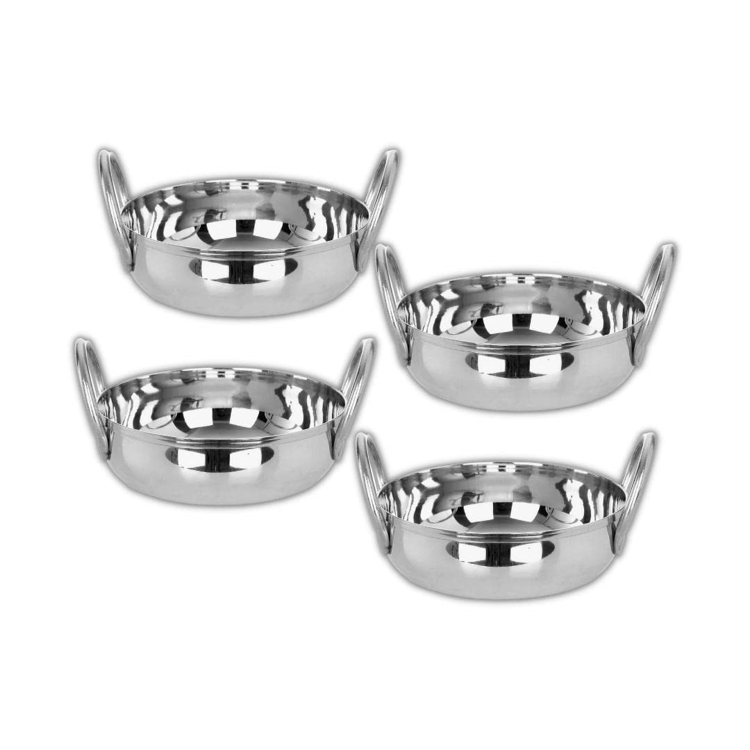 Fableart Stainless Steel Small Serving Kadhai For Single Serving; Small Bowls With Steel Handles; Set Of 4Pcs; 225Ml Capacity T