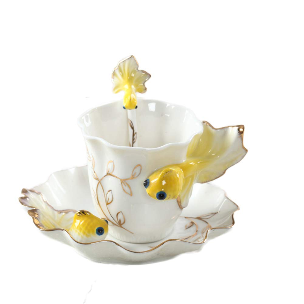 ZaH 3D Goldfish Coffee Mugs Animal Rainbow Ceramic Mug Milk Teacup Afternoon Tea Cup and Saucer Set with Spoon, Yellow