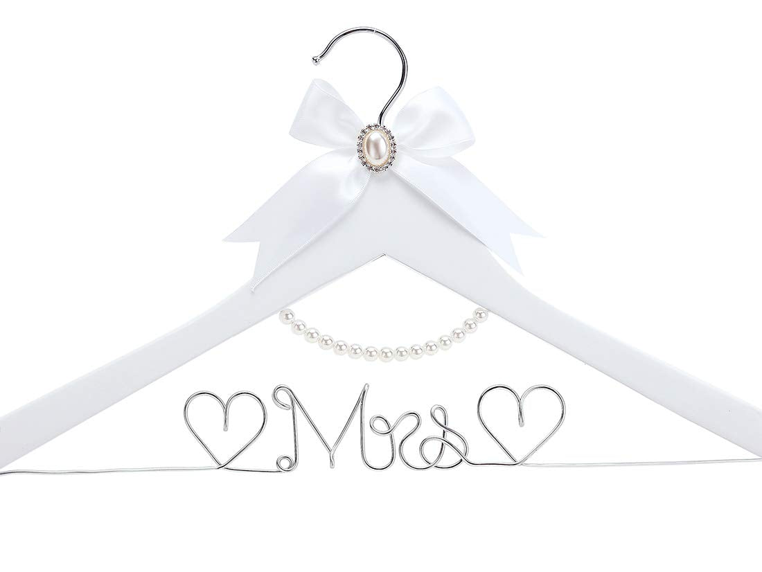 Huidian White Solid Wood Bridal Dress Hanger With Lady Wire Lettering For Bridal Wedding Party Gift (Silver Thread And Pearl Cha