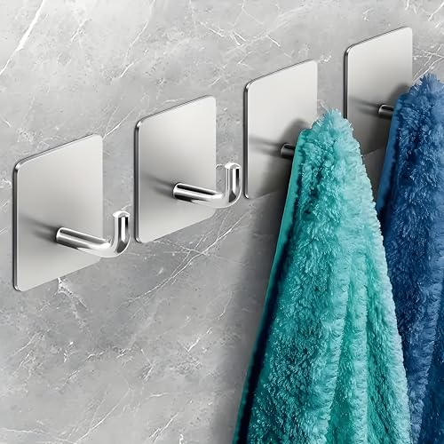 Jialto 4 Pcs Adhesive Hooks Heavy Duty Wall Hooks Waterproof Stainless Steel Hooks For Hanging Coat/Hat/Towel Robe Hook Rack Wal
