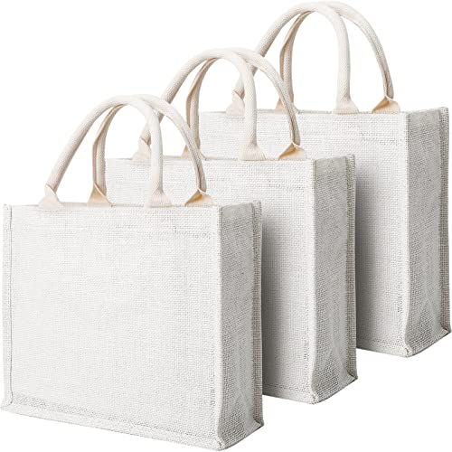 Segarty Tote Bags, 3 Pack Small White Burlap Jute Reusable Canvas Gift Favors Bag With Handles Blank Totes Bulk For Bridesmaid W