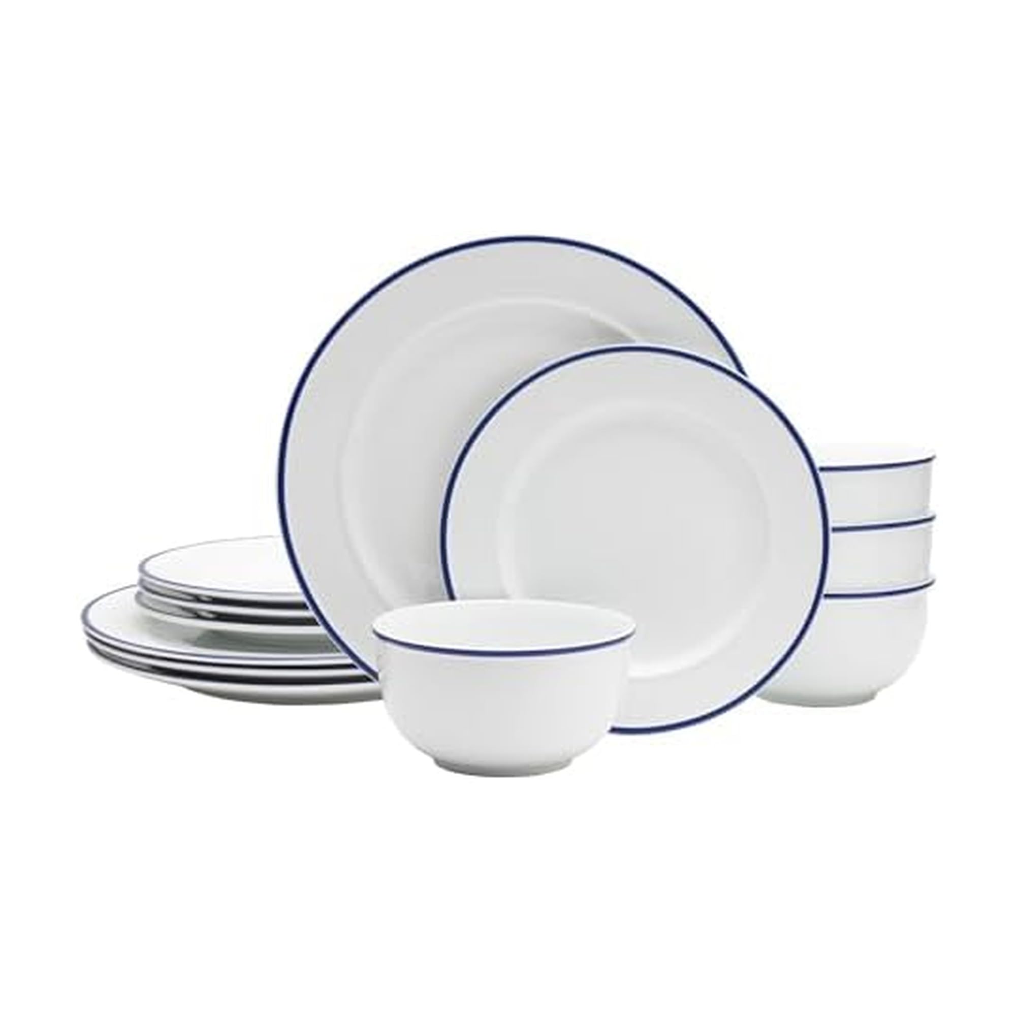 Everyday White by Fitz and Floyd Bistro Blue Band 12 Piece Dinnerware Set, Service for 4