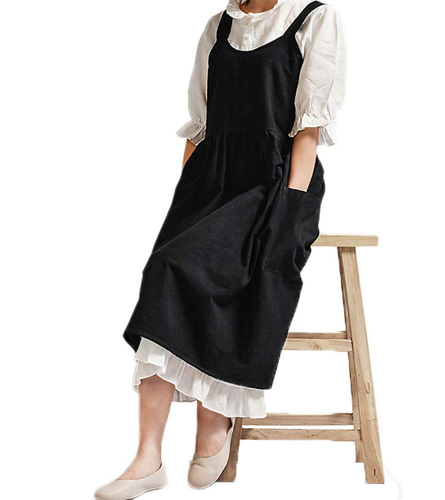 Women Girls Vintage Cute Apron Gardening Works Cross Back Cotton/Linen Blend Aprons Pinafore Dress With Two Pockets (Black)