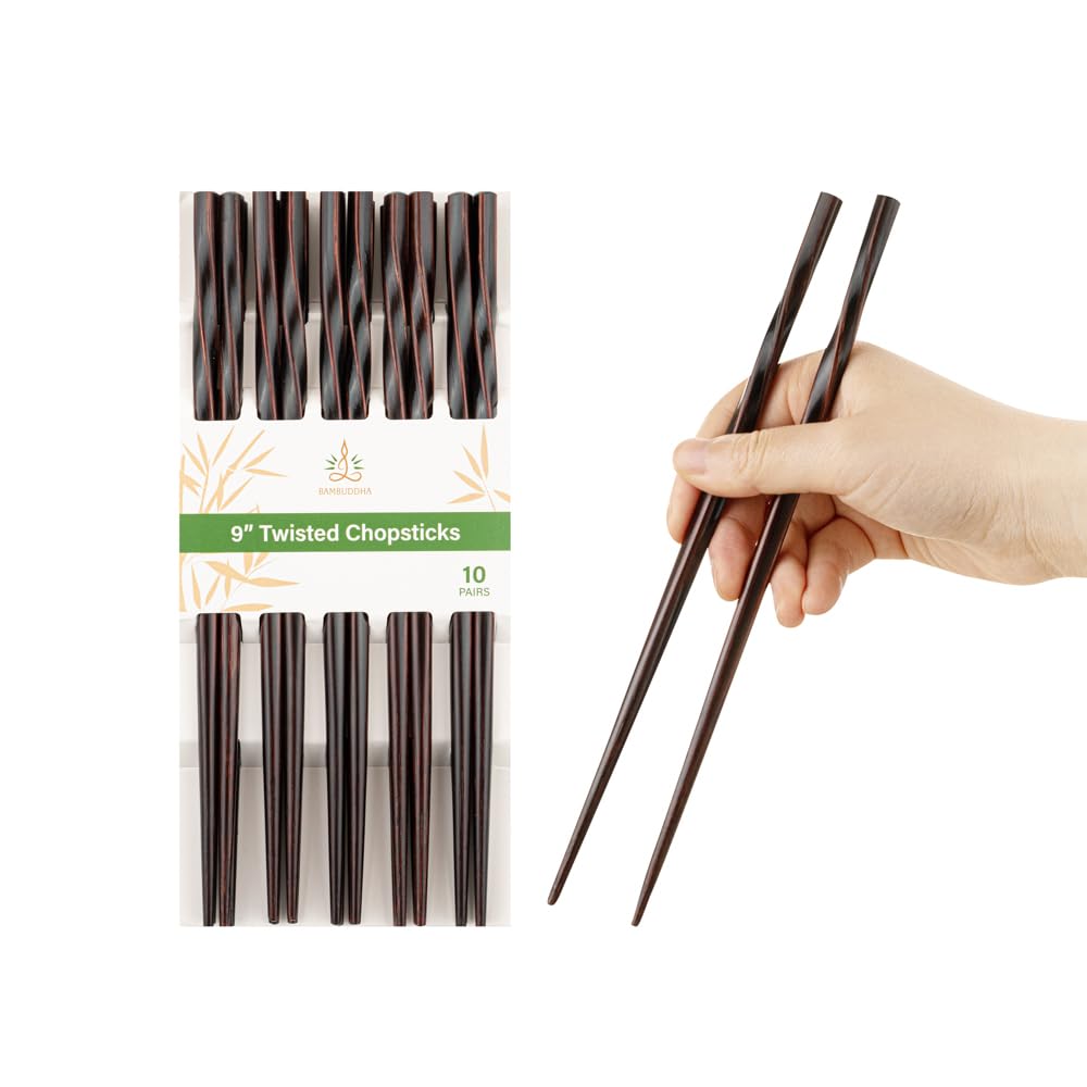 Restaurantware Bambuddha 9 Inch To Go Chopsticks 10 Durable Bamboo Chopsticks - Twisted Design Dark Brown Bamboo Premium Chopsti