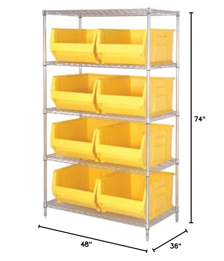 Bin Wire Shelving System, 48W X 36D X 74H, 800 Lbs Load Capacity Per Shelf, Includes: (5) Shelves And (8) Qus997 Red Bins, Chrom