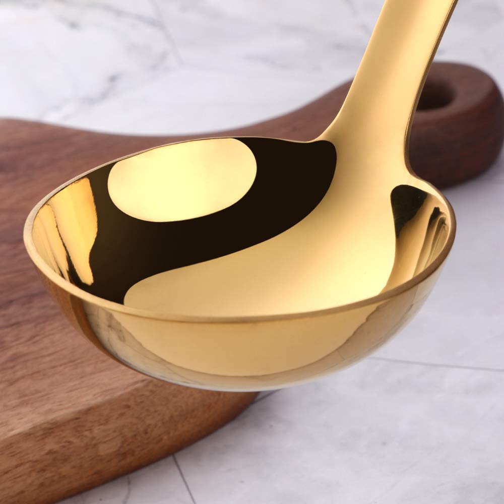 Gold Soup Ladle, Buygo Large Serving Soup Spoon Stainless Steel Long Handle Soup Pan Ladle For Cooking, Stirring, Dishwasher Saf