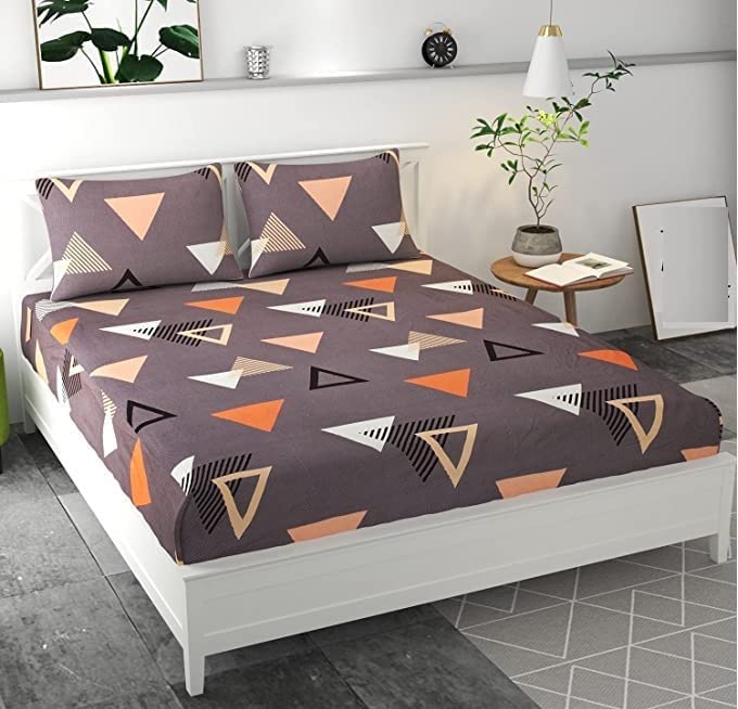 Kawi King Size Glace Cotton 200 Tc All Over Elastic Fitted Double Bedsheet(78X72X8) With 2 Pillow Covers- Brown