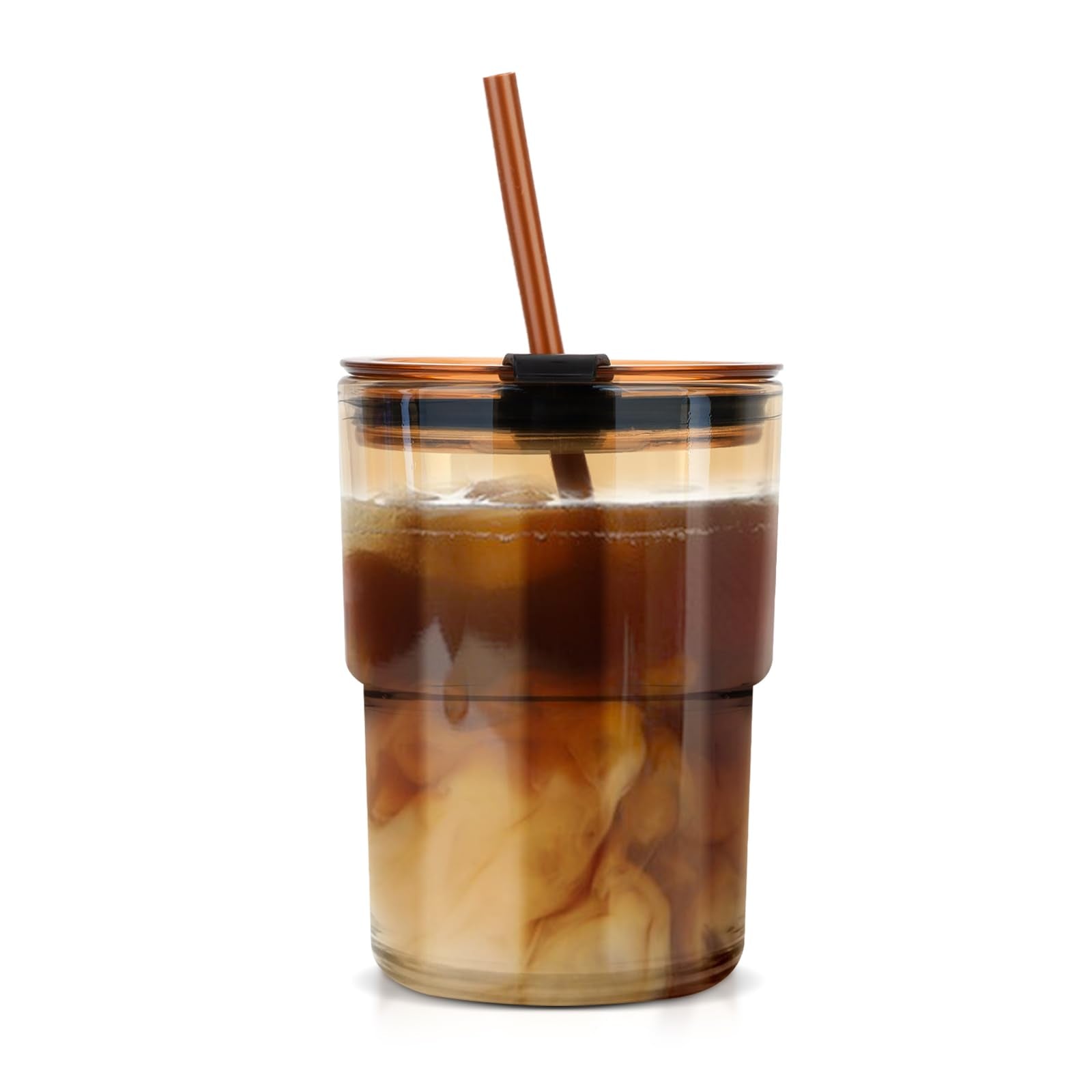Luxfuel 13oz Tumbler Water Glass Cups with Straw and Lid, 1 Pack Reusable Glass Coffee Tumbler for Iced Tea, Coffee, Sealed Carr