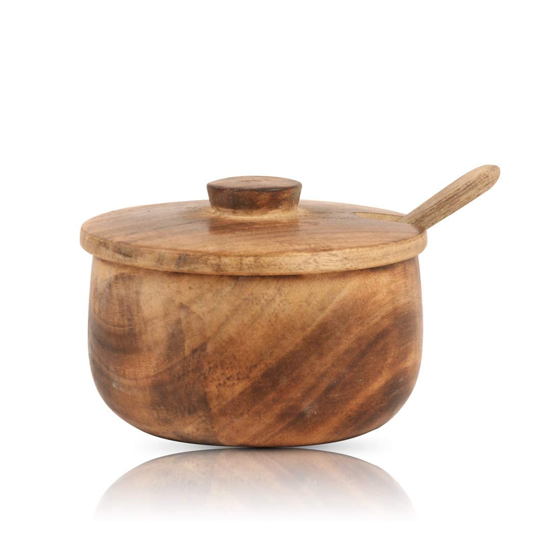 Decorative Rustic Wooden Sugar Bowl & Spoon With Lid Wide Mouth Candy Treat Jar Spice Jar Holder Condiment Nuts Serving Bowl Pot