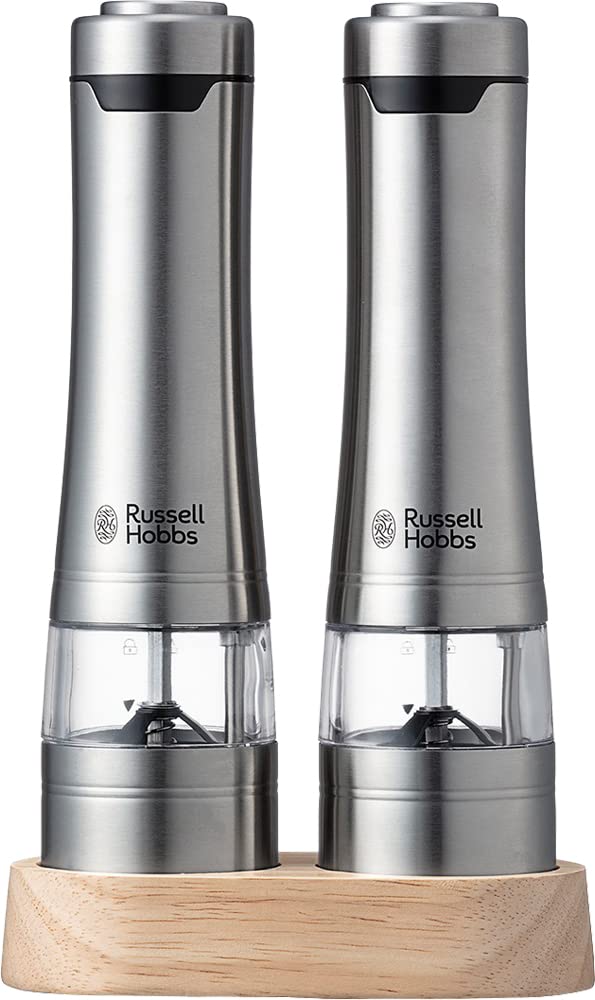 Russell Hobbs 7923JP Electric Mill, Salt & Pepper, Rock Salt, Pepper Spice, Adjustable Coarseness, Set of 2, Wood Stand Set, Sil