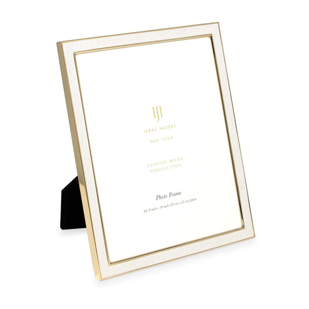 Isaac Jacobs 8x10 White Textured Leather (Vertical & Horizontal) & Gold Metal Picture Frame, with Black Fabric Easel, Wall-Mount