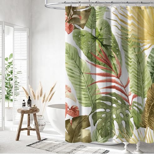Yurlisa Bohemian Style Green Shower Curtain 60X72 Inches, Unique Boho Palm Leaves Theme Shower Curtain Sets With 12 Hooks,Botani