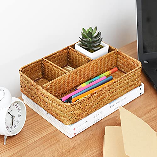 YANGQIHOME Tea Bag/Sugar Packet Holder  Coffee Station Condiment Organizer  Seagrass Storage Basket  Wicker Rattan Divided Basket Organizer for Drawer/Shelf/Countertop