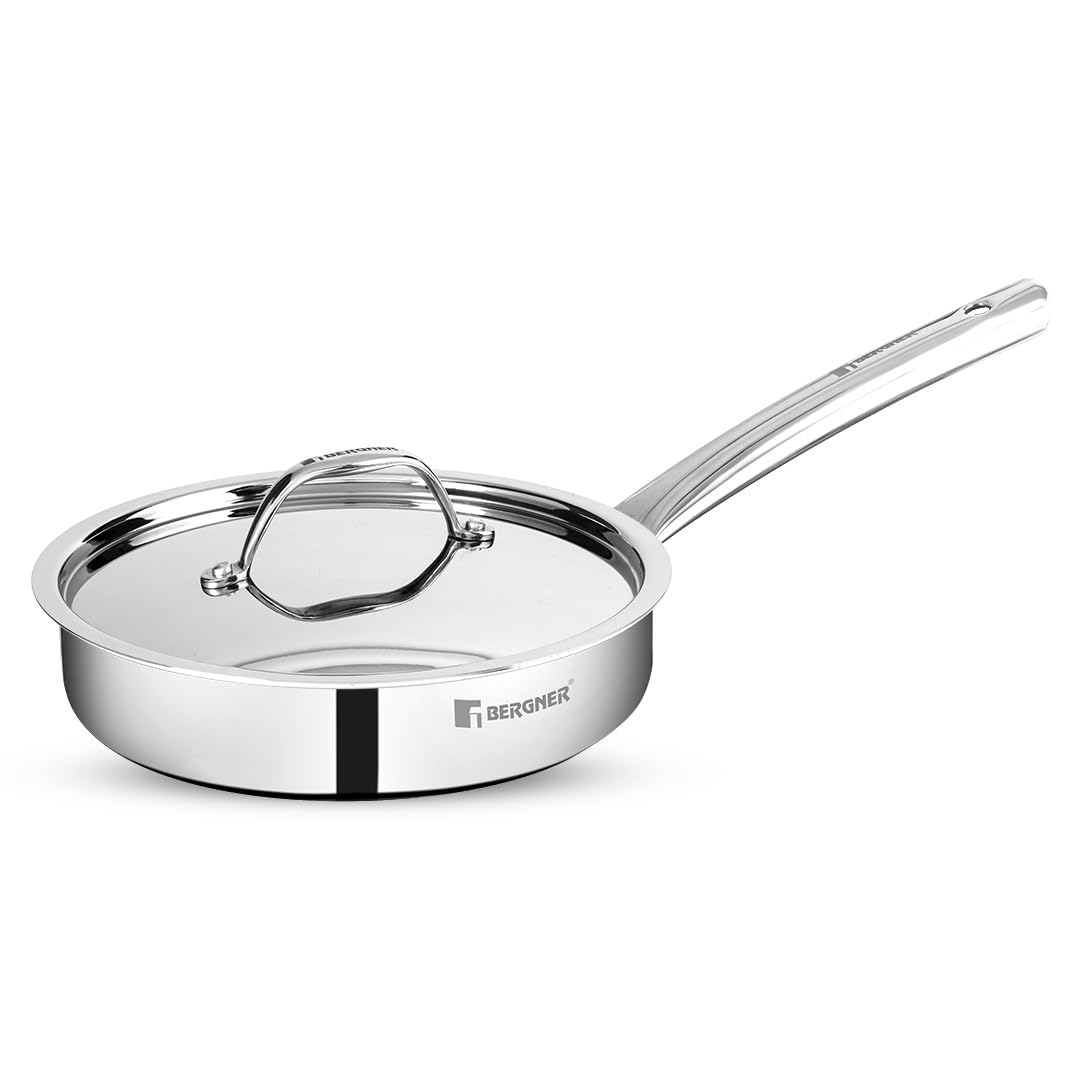Bergner TriPro TriPly 22 cm Saut Pan, 2 L Capacity, Stainless Steel Lid, For Curry/StirFry/DeepFry/Saut/Roast, Heat Resistant 