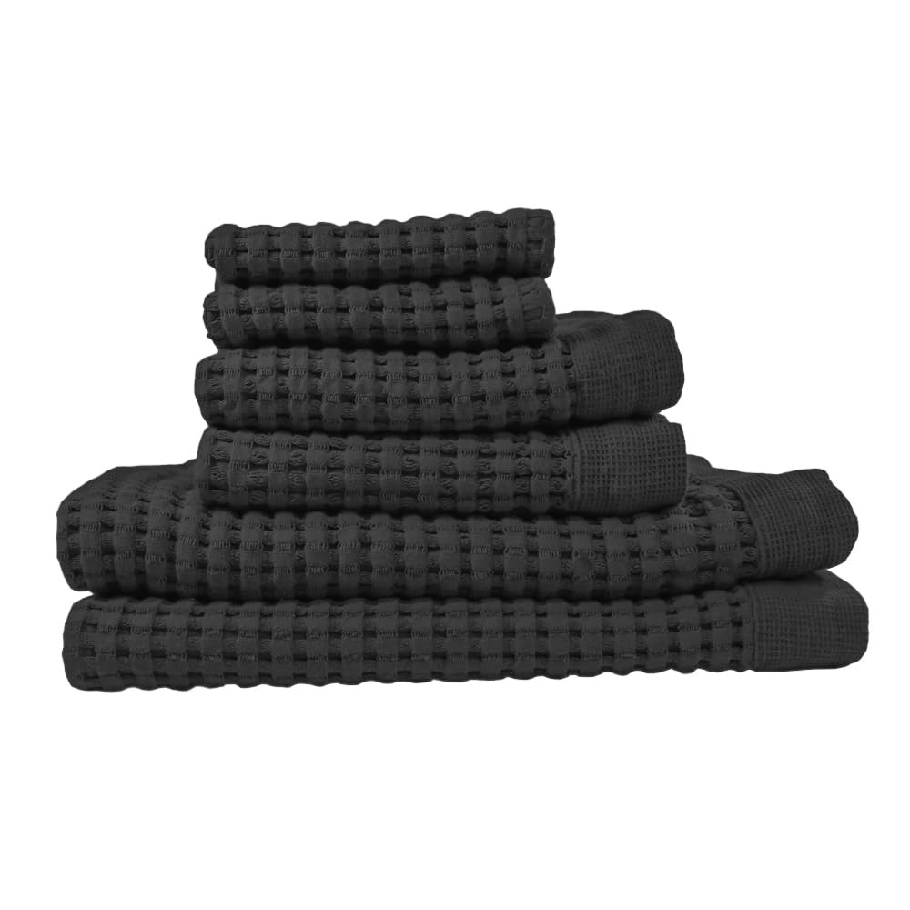 Gilden Tree Waffle Towel Set Quick Dry Thin | 2 Bath Towels | 2 Hand Towels | 2 Washcloths, Modern Style (Faded Black)
