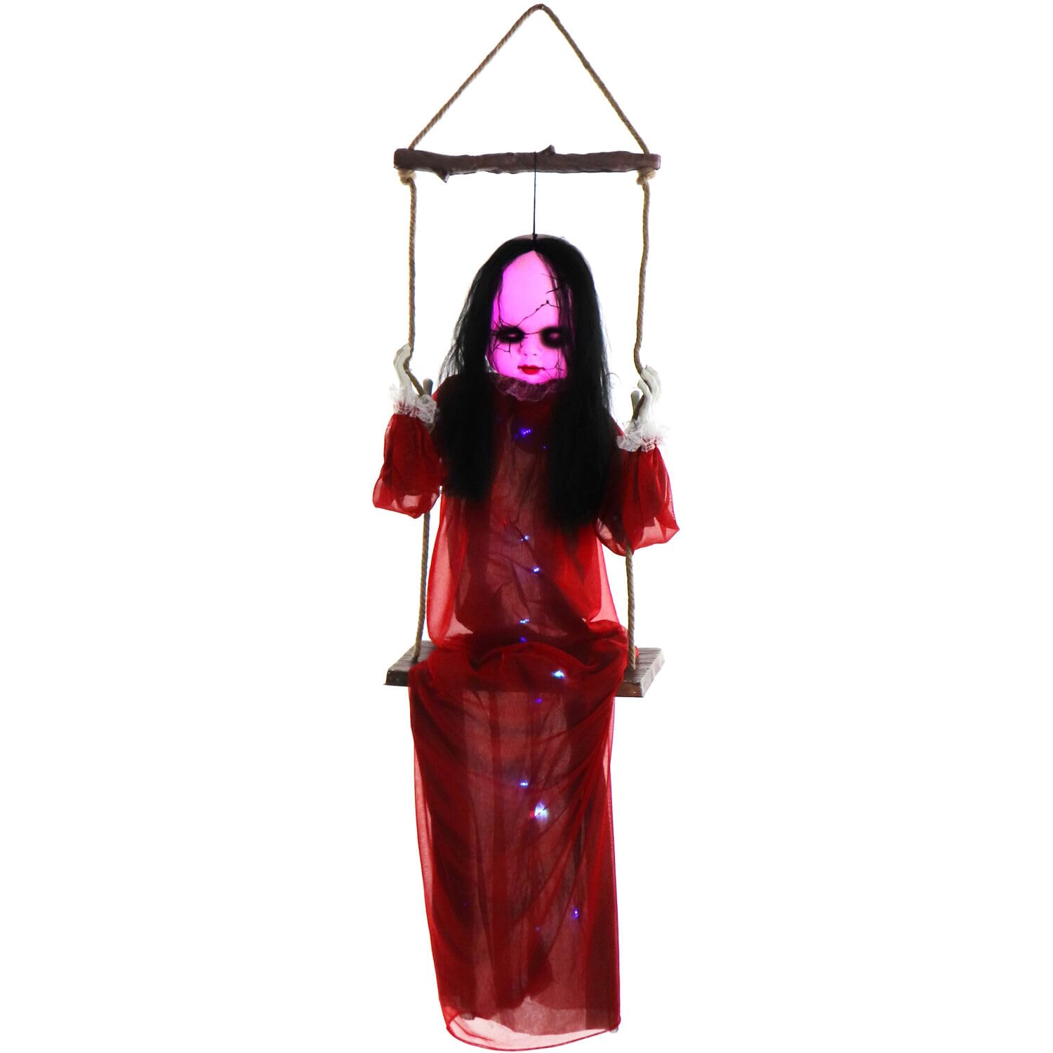 Haunted Hill Farm s Giggling Zombie Girl on a Swing Halloween Prop with Colorful Light-Up Body and Eyes for Scary Hanging Hallow
