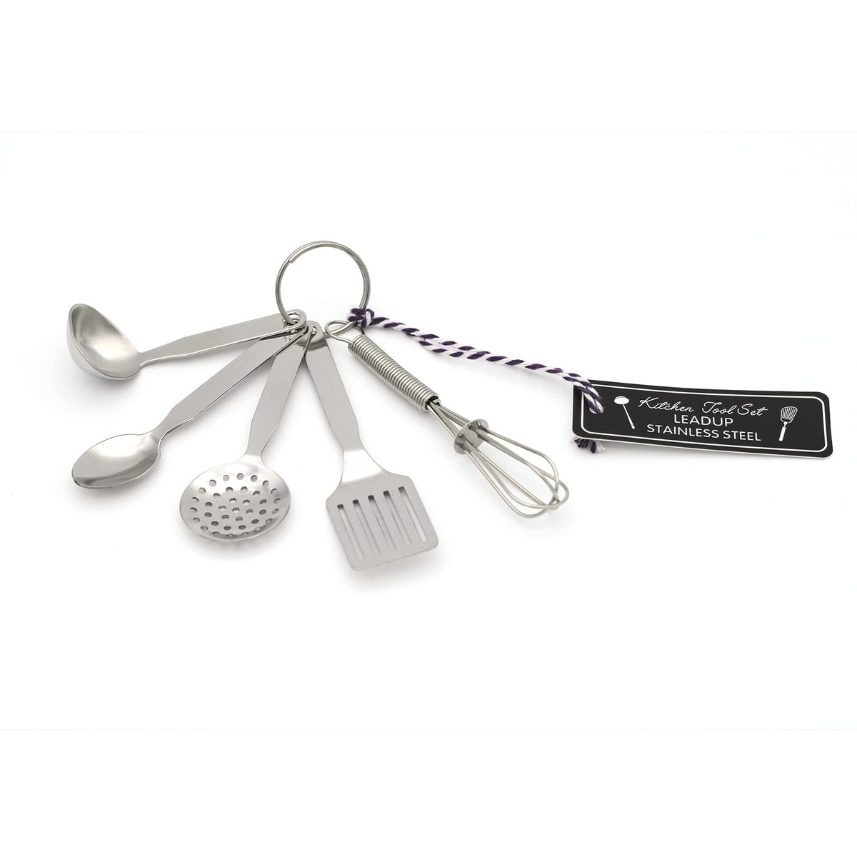 Leadup Mini Stainless Steel Kitchen Tool Set With Keychain(3.5''),Set Of 5,Includes Whisk, Spatula, Spoon, Skimmer,Soup Ladle