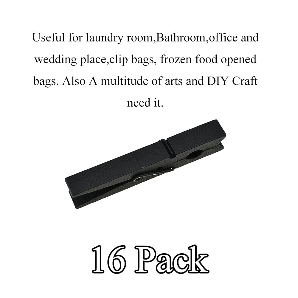 HAHIYO Black Wooden Clothes Pins Clothespins Wide Do NOT Fall Apart 2.87 inches Length 16 Pack Sturdy Strong Springs No Rust No Discoloration for Laundry Bathroom DIY Craft Photos Food Opened Bags