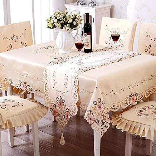 Lelehome 55 Inch X 78 Inch Oblong Flowers Embroidered Tablecloth, Vintage Classic Floral Rectangular Beige Lace Table Cloth Cove