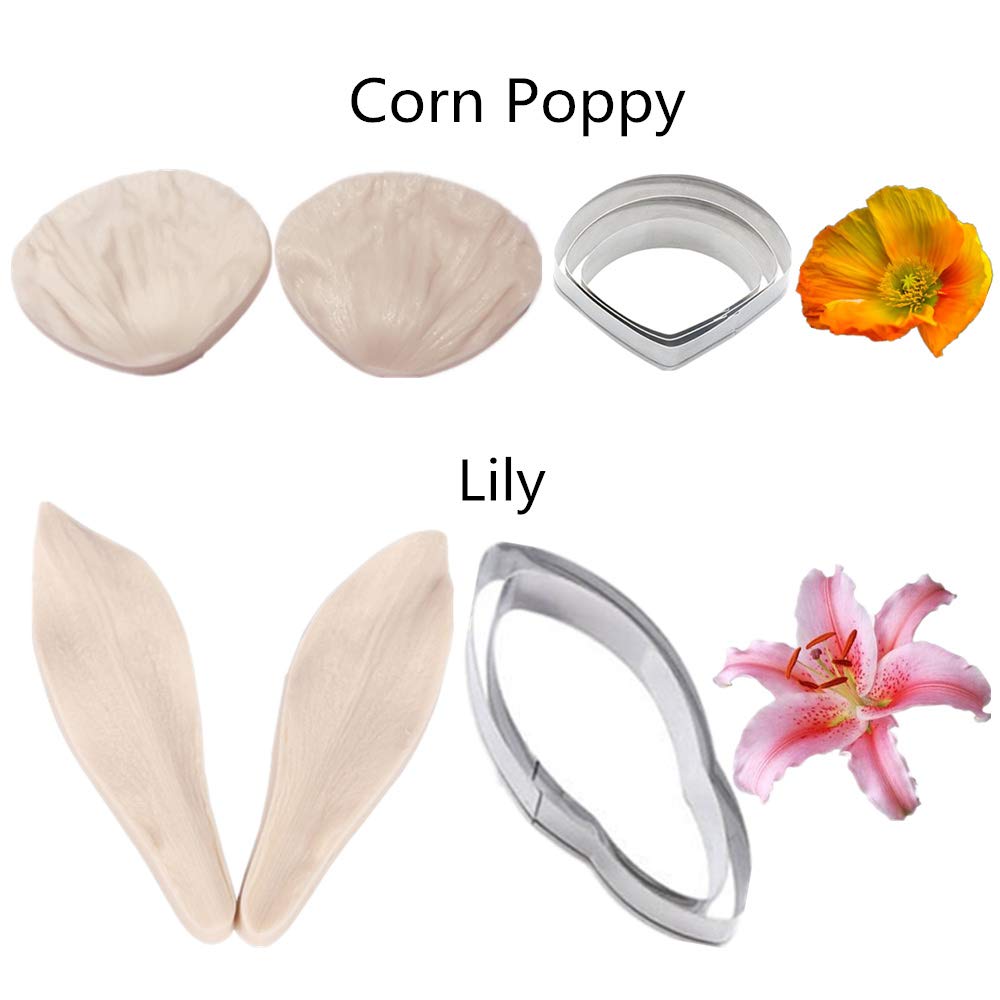 16Set Gum Paste Flower Tools Kit- 8Set Flower Silicone Mold And 8Set Stainless Steel Fondnat Flower Cutter Gumpaste Flower Cooki
