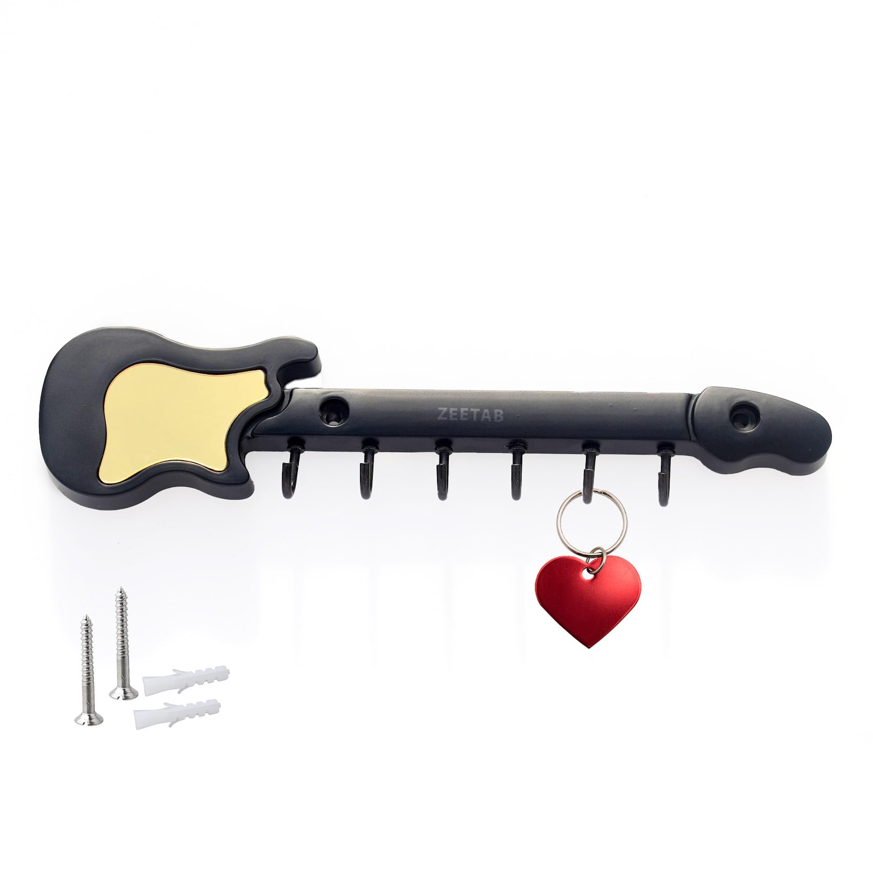 Zeetab Black Guitar Key Holder with 6 Hook | Royal Art Metal Wall Mount Key Stand for Music Lover (21x5cm)