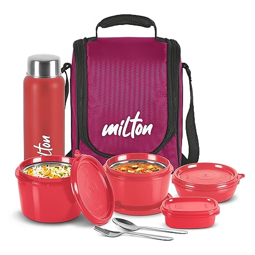 Milton Pro Lunch Box With Steel Cutlery, 3 Microwave Safe Inner Steel Containers (180 Ml, 320 Ml, 450 Ml), Plastic Chutney Dabba