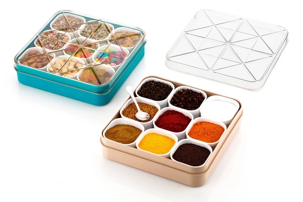 Srinika Plastic Spice Box With 9 Compartments And Spoon | Masala Dabba Storage Container | Multipurpose Kitchen Organizer For Sp
