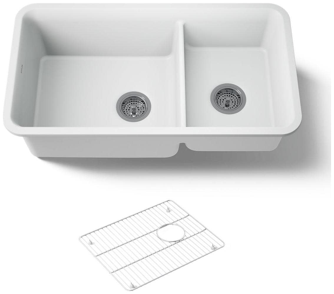 KOHLER K-8204-CM6 Cairn Sink, 33 Neoroc Composite Undermount Double-Bowl Kitchen Sink, Composite Kitchen Sink with Sink Rack, Ma