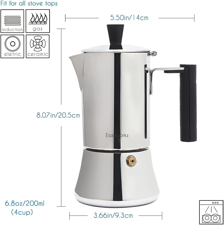 Easyworkz Pedro Stovetop Espresso Maker 4Cup 200Ml Stainless Steel Italian Coffee Machine Maker Moka Pot Induction Espresso Pot