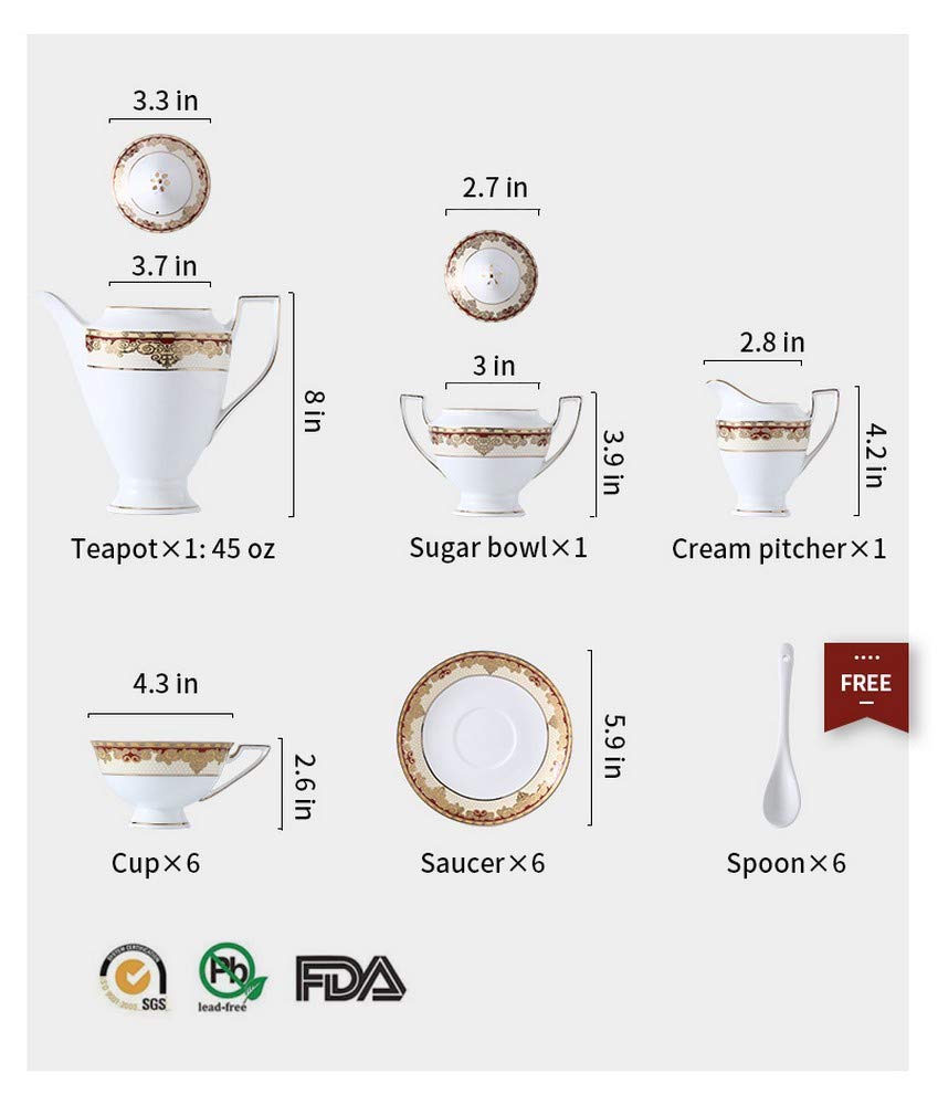 Porlien Exquisite Bone China 17-Piece Tea Set For 6, Porcelain Tea Set With Teapot, Red Pattern Trimmed With Gold