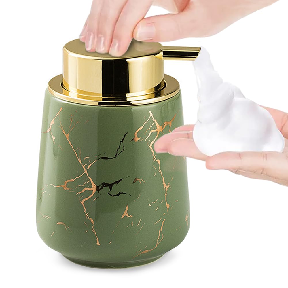Marble Foam Soap Dispenser For Bathroom, Chic Ceramic Bottle, Gold Soap Dispenser Pump (Green)