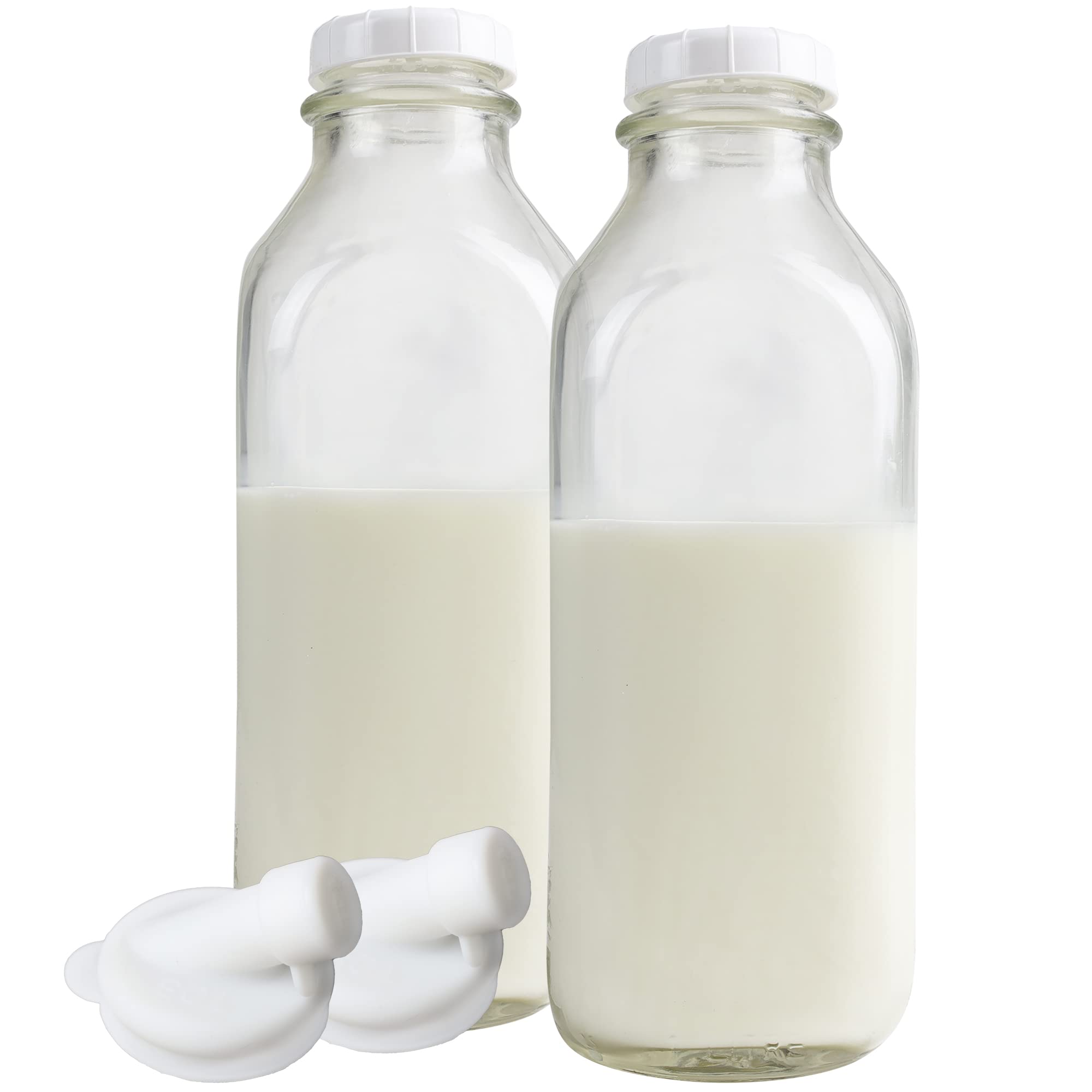 The Dairy Shoppe Heavy Glass Milk Bottles - Jugs With Extra Lids And A Silicone Pour Spout - Clear Milk Containers For Fridge -