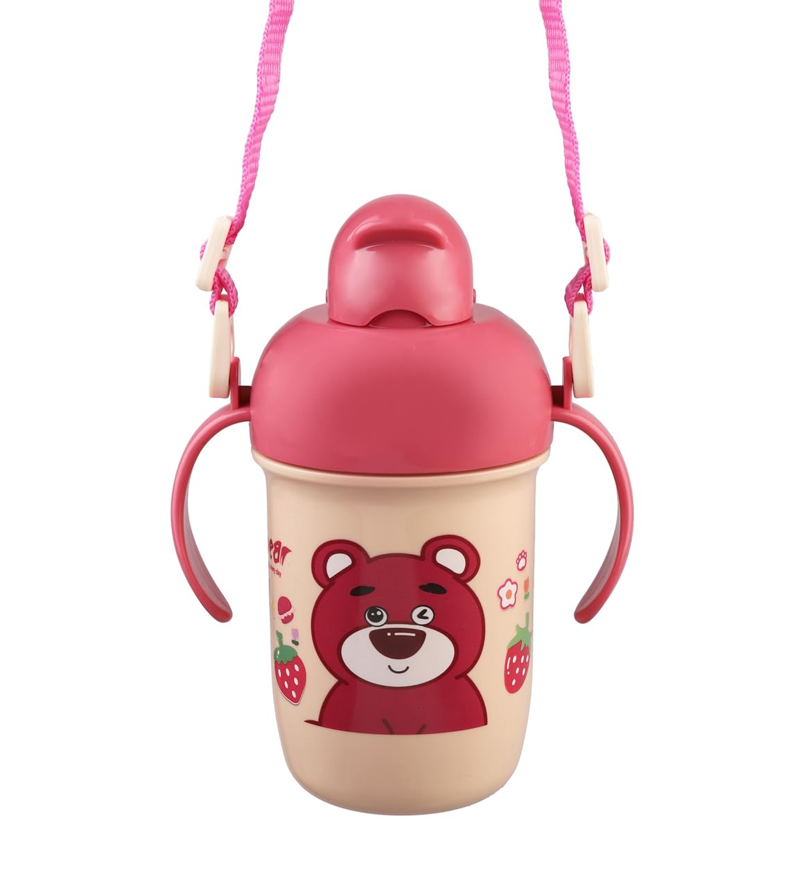 Jaxhom Bear-Themed Plastic Sipper Bottle With Straw & Carrying Loop (Pink, 370 Ml)
