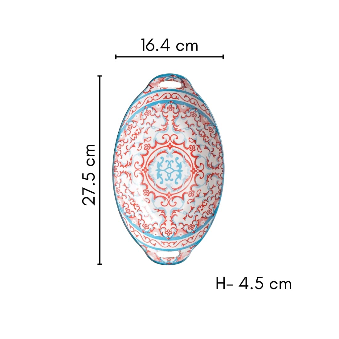 Nestasia Red and Blue Mandala Ceramic Long Dish with Handles for Serving Snacks, Appetizers, Salads, and Noodles| Microwave Safe
