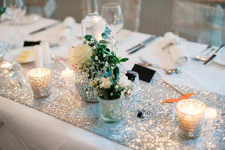 Charoama Silver Sequin Table Runner 12x108 inch Glitter Fabric Table Linens Runner Fabric Decorations for Holiday Wedding Birthday Outdoor Party Decor